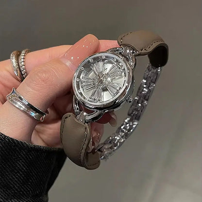 Rotating Women Watch Leather Splicing Metal Strap