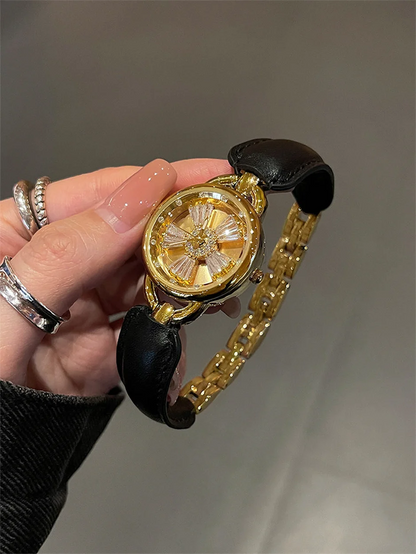 Rotating Women Watch Leather Splicing Metal Strap