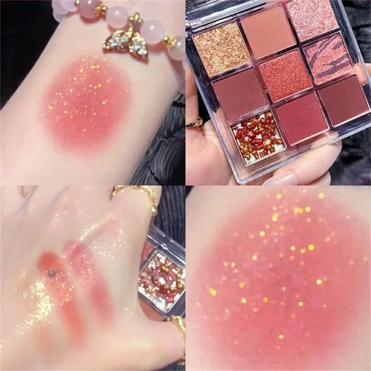 Summer 9 color eyeshadow palette: Orange brown, pink and gold, matte shimmer effect