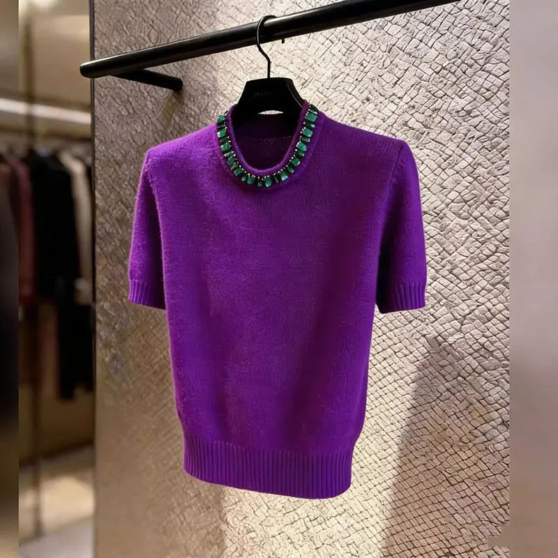 Fashion New V-neck Short Sleeve Slim Fit Solid Color Knitted Tops SpringSummer Elegant Blouse Casual Pullover Knitwear D200