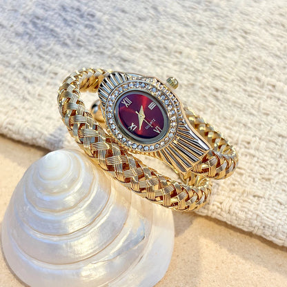 Snake Head Embellished Women's Watch with Hollow-Out Woven Steel Bracelet & Sparkling Crystal Accents