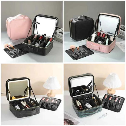 New LED Lighted Cosmetic Case With Mirror PU Leather Portable Travel Makeup Storage Bags Waterproof Travel Makeup Bag