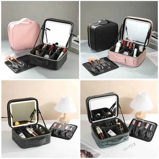 New LED Lighted Cosmetic Case With Mirror PU Leather Portable Travel Makeup Storage Bags Waterproof Travel Makeup Bag