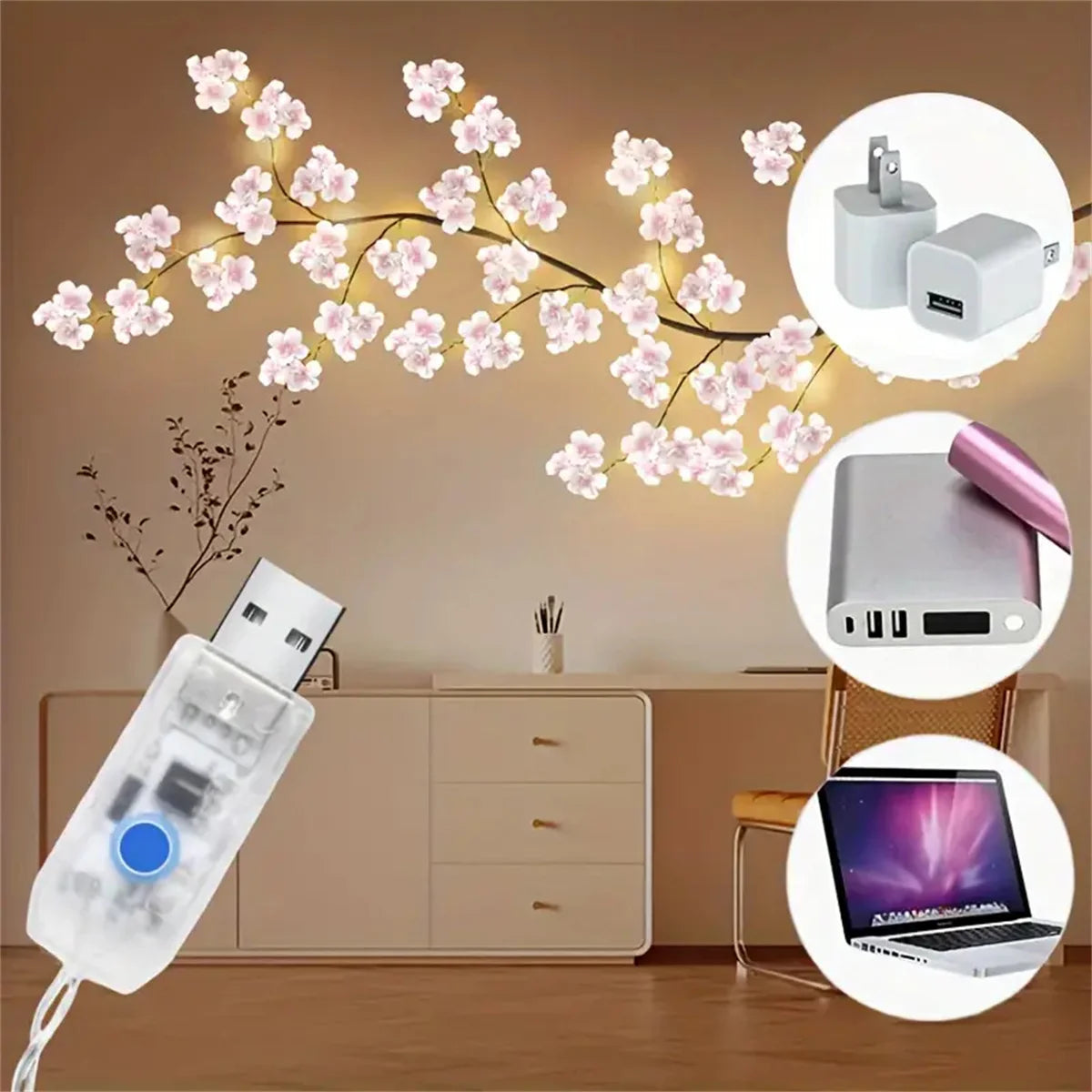 Cherry Blossom 96 Led USB Tree Branch Rattan Lights 8 Modes Colorful String Lamp Any Occasion Decoration Dabfavshop