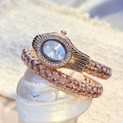 Snake Head Embellished Women's Watch with Hollow-Out Woven Steel Bracelet & Sparkling Crystal Accents