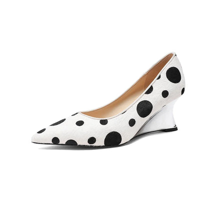 Genuine Leather Women Shoes,Pointed Toe Shallow Slip On Polka Dot High Heels