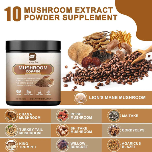 Mushroom Coffee Mixed Reishi & Lion's Mane Mushrooms Support Immunity and Focus Health Boost Memory 10 in 1