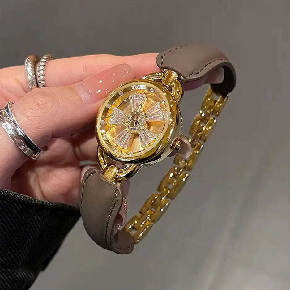 Rotating Women Watch Leather Splicing Metal Strap