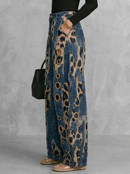 Women High Waist Leopard Print Distressed Eyelet Hole Wide Leg Jeans Daily Casual Streetwear Demin Pants