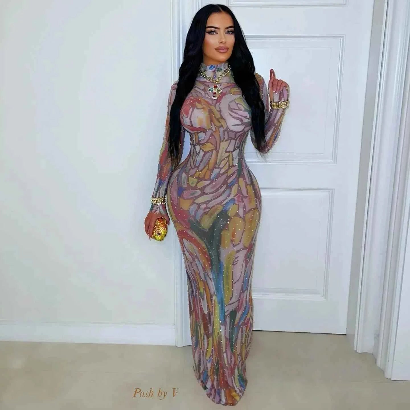 Long Sleeve Water-Media Net Diamond-Heated Party Gown