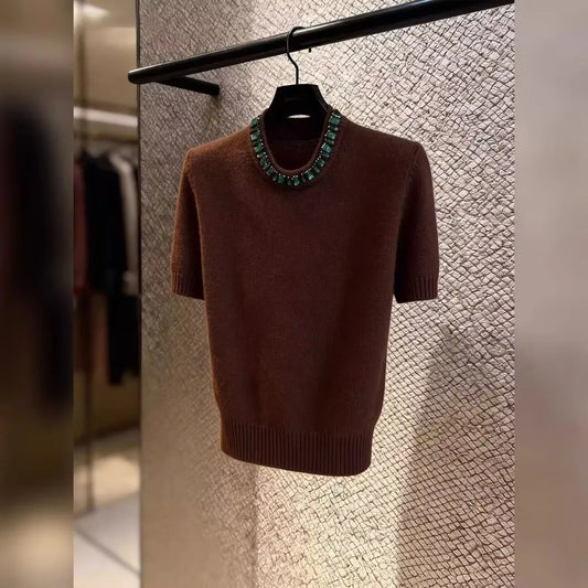 Fashion New V-neck Short Sleeve Slim Fit Solid Color Knitted Tops SpringSummer Elegant Blouse Casual Pullover Knitwear D200