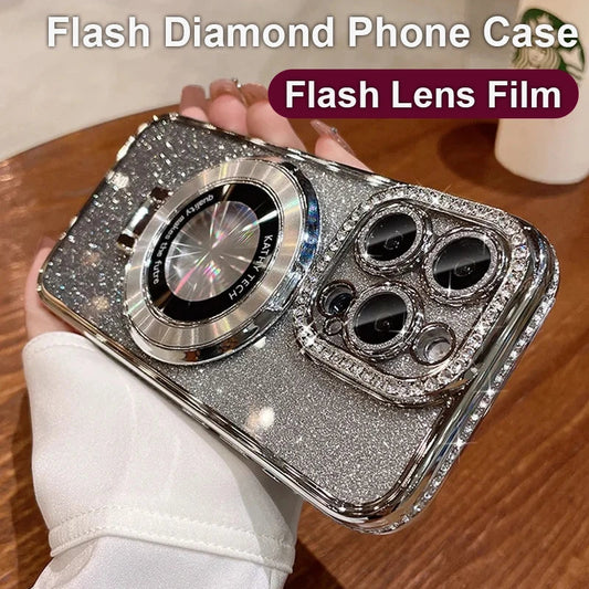 Glitter Diamond Luxury Plating Magsafe Stand Holder Soft Silicone Cover for iPhone Full Coverage Magnetic Case Dabfavshop