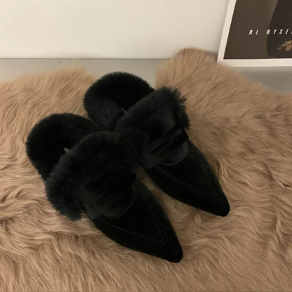 Women Luxury Velvet Mules Pointy Toe Slip-on Fur Sandals Ladies New Brand Design Outdoor Furry Slides Evening Party Heeled Shoes