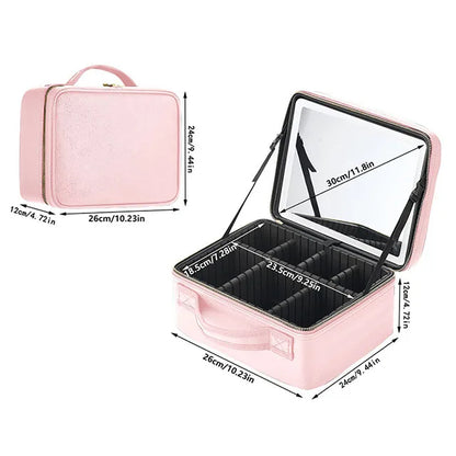 New LED Lighted Cosmetic Case With Mirror PU Leather Portable Travel Makeup Storage Bags Waterproof Travel Makeup Bag
