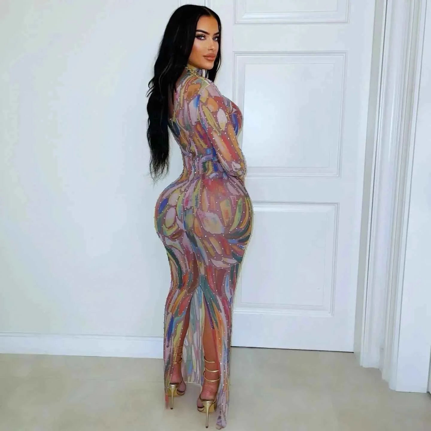 Long Sleeve Water-Media Net Diamond-Heated Party Gown