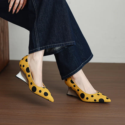 Genuine Leather Women Shoes,Pointed Toe Shallow Slip On Polka Dot High Heels