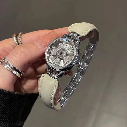 Rotating Women Watch Leather Splicing Metal Strap