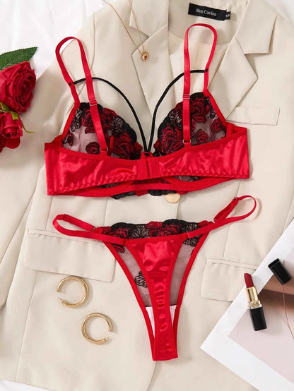 Two-piece floral embroidered lingerie set