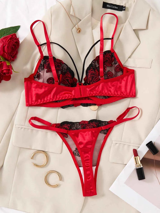 Two-piece floral embroidered lingerie set
