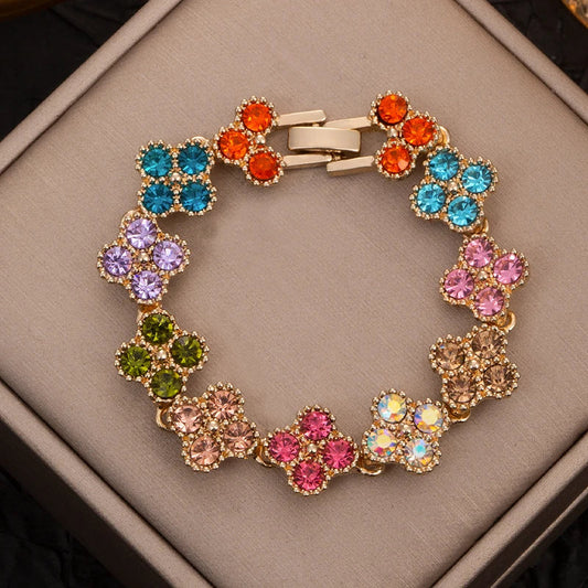 CDD New Sparkling Rhinestone Four Leaf Clover Hand Bracelet for Women Girls Luxury Crystal Bangle Adjustable Wrist Jewelry Gifts Dabfavshop