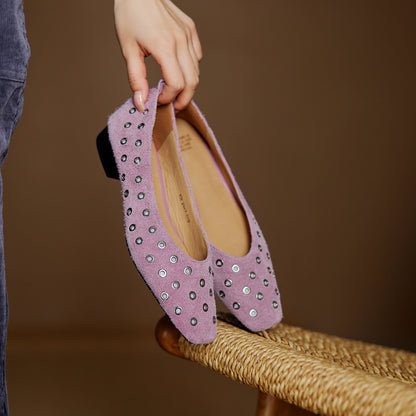 Genuine Leather Women Square Toe Low Heel Hollow Breathable Metal Rivet Sandals