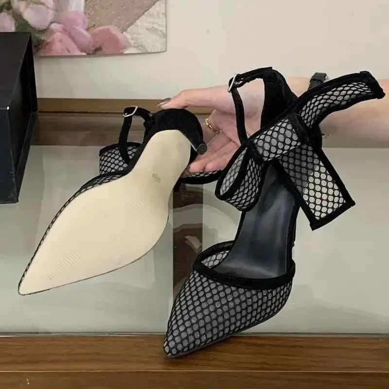 Pointed Hollow Polka Dot Mesh High Heels Sandals
