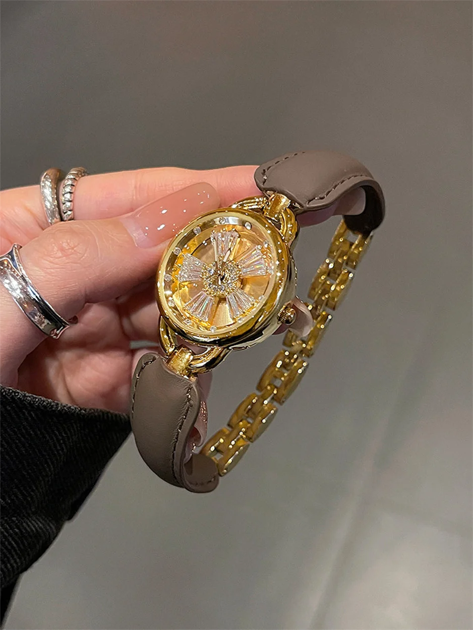 Rotating Women Watch Leather Splicing Metal Strap