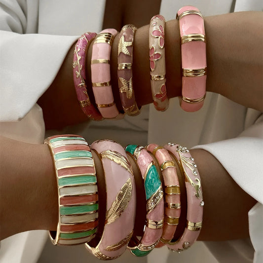 Sweet Pink Enamel Dropped Glaze Flower Texture Bracelet For Women Retro Leaf Star Floral Embossed Zircon Bangle Party Jewelry