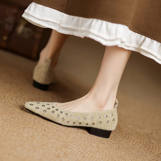 Genuine Leather Women Square Toe Low Heel Hollow Breathable Metal Rivet Sandals