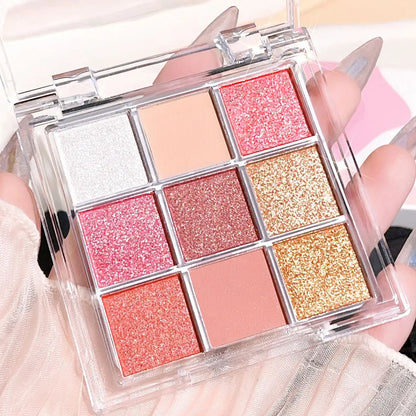 Summer 9 color eyeshadow palette: Orange brown, pink and gold, matte shimmer effect