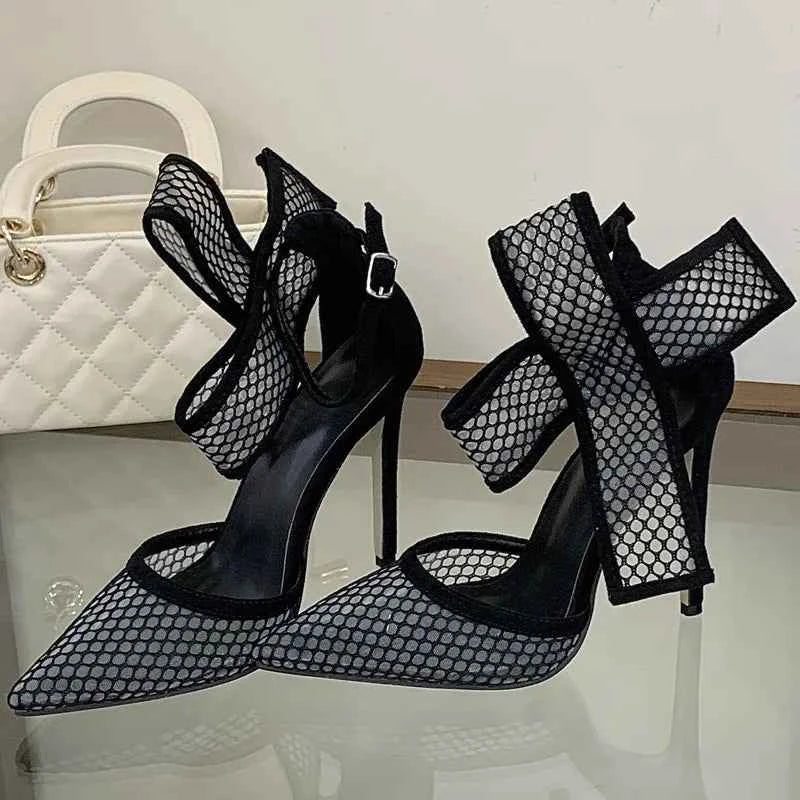 Pointed Hollow Polka Dot Mesh High Heels Sandals