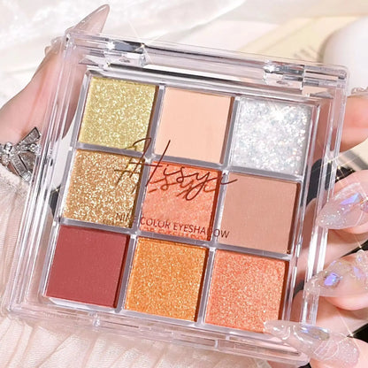 Summer 9 color eyeshadow palette: Orange brown, pink and gold, matte shimmer effect