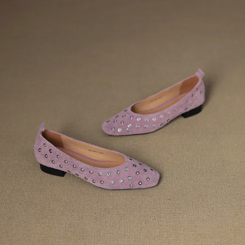 Genuine Leather Women Square Toe Low Heel Hollow Breathable Metal Rivet Sandals