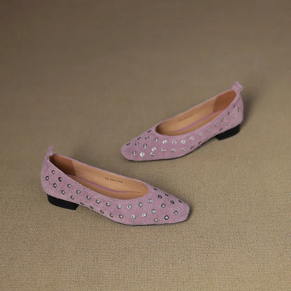 Genuine Leather Women Square Toe Low Heel Hollow Breathable Metal Rivet Sandals