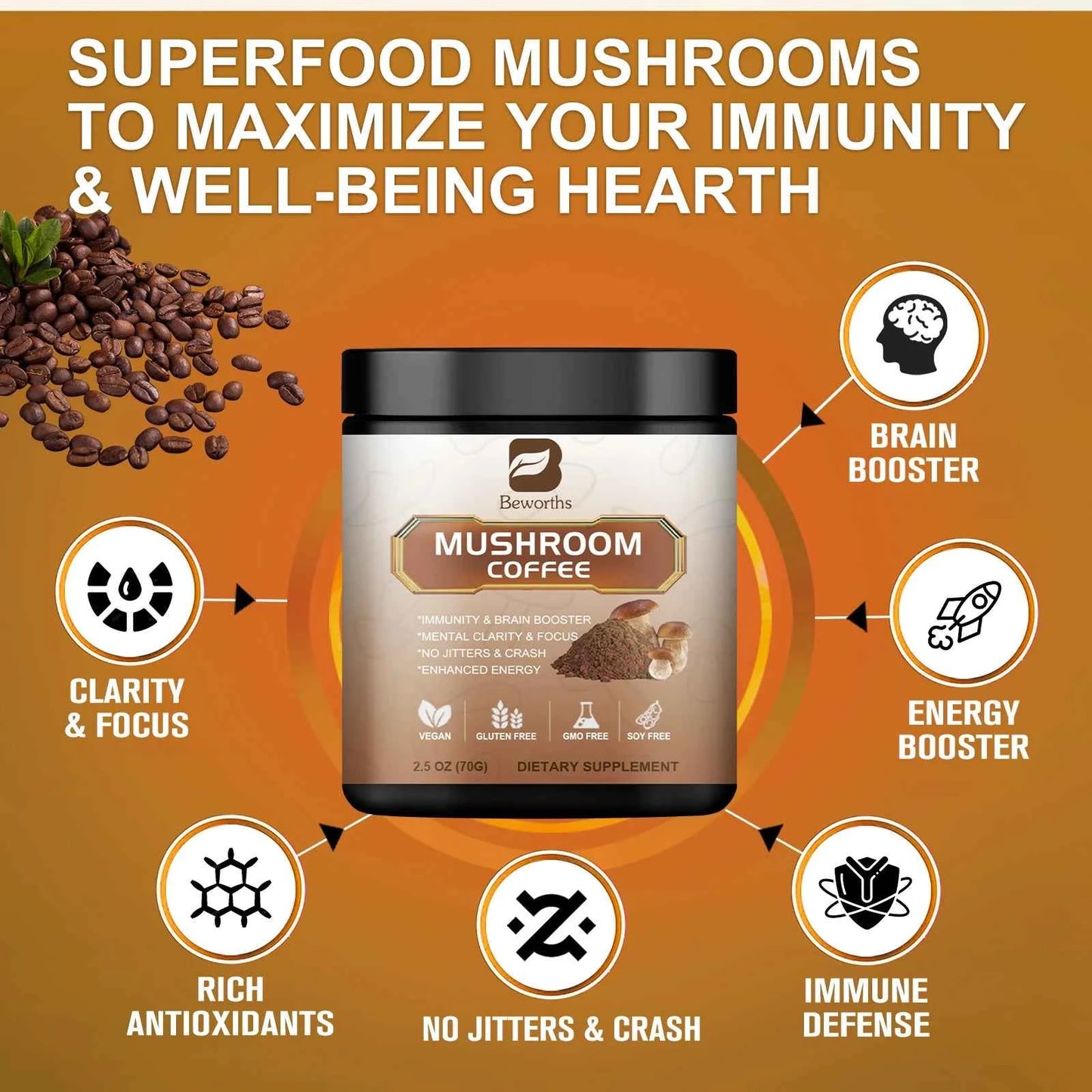 Mushroom Coffee Mixed Reishi & Lion's Mane Mushrooms Support Immunity and Focus Health Boost Memory 10 in 1