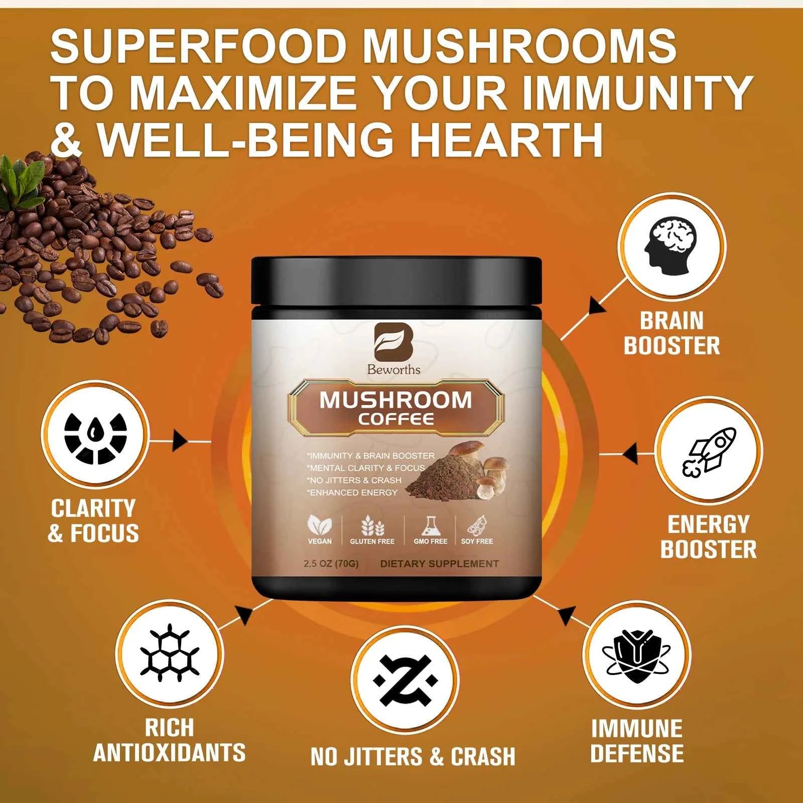 Mushroom Coffee Mixed Reishi & Lion's Mane Mushrooms Support Immunity and Focus Health Boost Memory 10 in 1