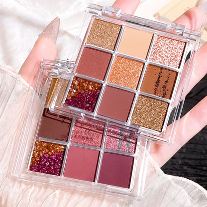 Summer 9 color eyeshadow palette: Orange brown, pink and gold, matte shimmer effect