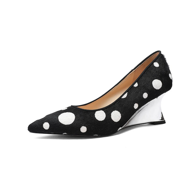 Genuine Leather Women Shoes,Pointed Toe Shallow Slip On Polka Dot High Heels