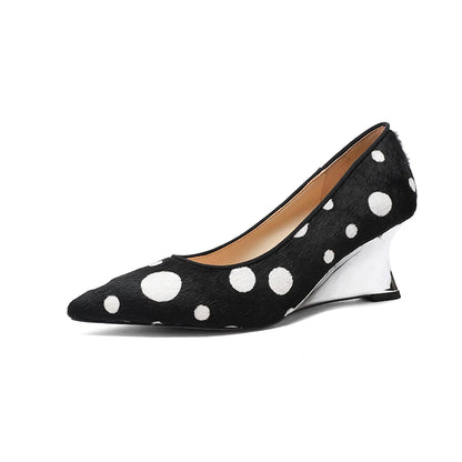 Genuine Leather Women Shoes,Pointed Toe Shallow Slip On Polka Dot High Heels