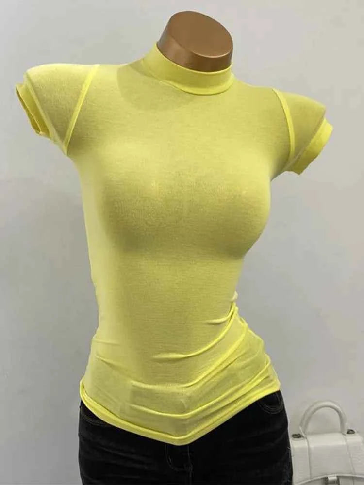 Half-high Collar T-shirt Transparent Short-sleeved Slim-fit Elastic T-shirt