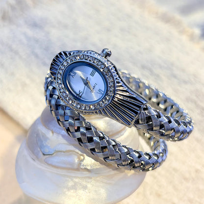 Snake Head Embellished Women's Watch with Hollow-Out Woven Steel Bracelet & Sparkling Crystal Accents