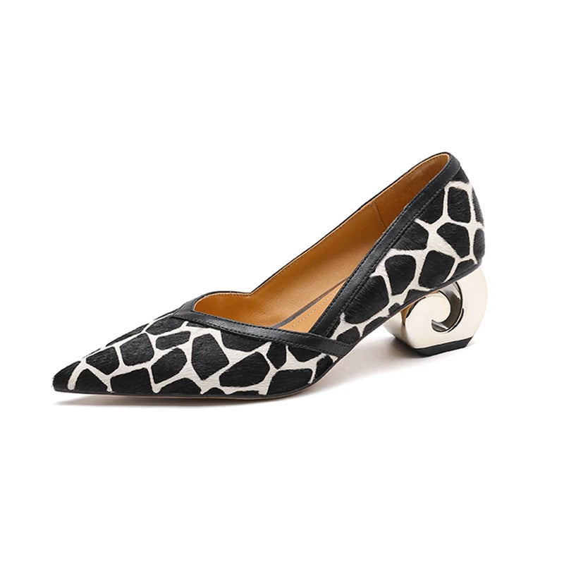 Women's New Genuine Leather Leopard Print Pointed Gold-Plated Heel