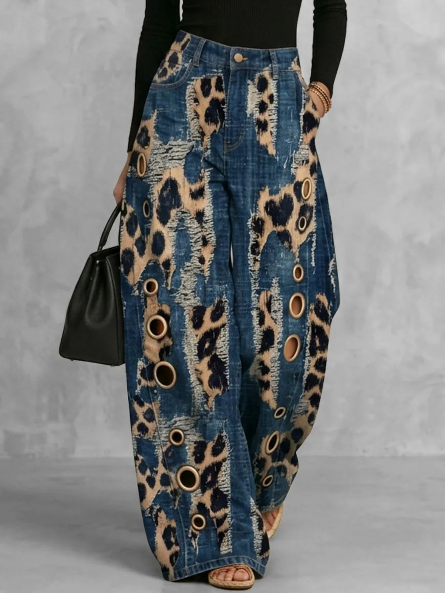 Women High Waist Leopard Print Distressed Eyelet Hole Wide Leg Jeans Daily Casual Streetwear Demin Pants