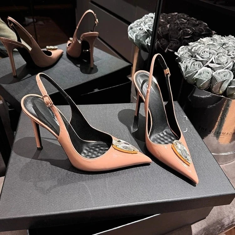Rhinestone Pointed Fine Heels, Straight Buckle Toe Sandals for Women