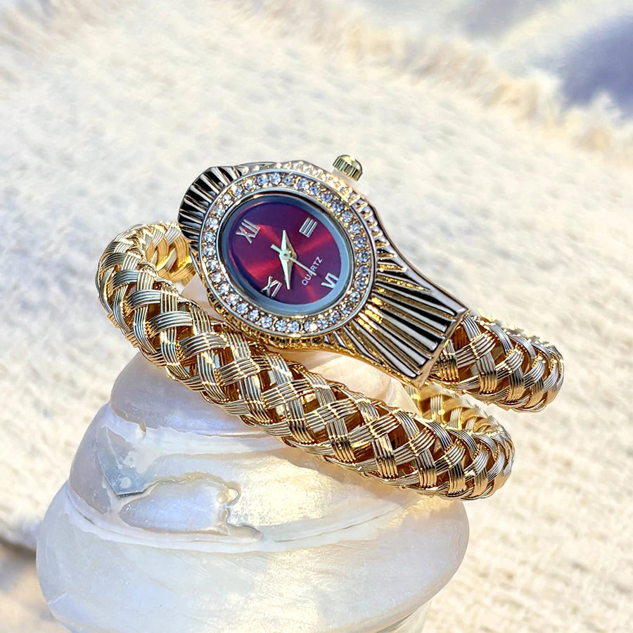 Snake Head Embellished Women's Watch with Hollow-Out Woven Steel Bracelet & Sparkling Crystal Accents