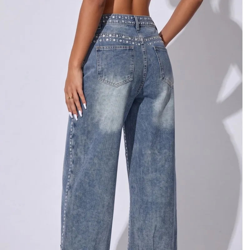 Rhinestone Wide Leg American High Waist Gradient Wash Split Design Loose Denim Trousers