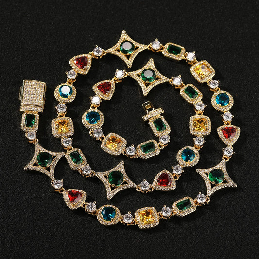 Iced Out Rainbow Necklace for Women Heart/Star/Square Gemstones Link Chain Bracelets Fashion Hip Hop Jewelry Dabfavshop