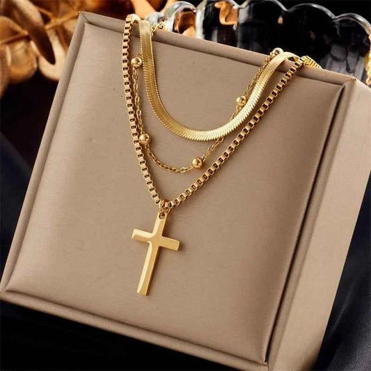 Stainless Steel Gold Color Cross Pendant Necklace