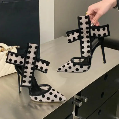 Pointed Hollow Polka Dot Mesh High Heels Sandals