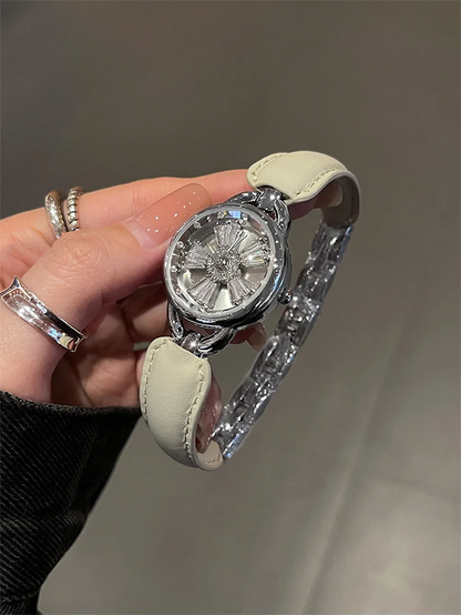 Rotating Women Watch Leather Splicing Metal Strap